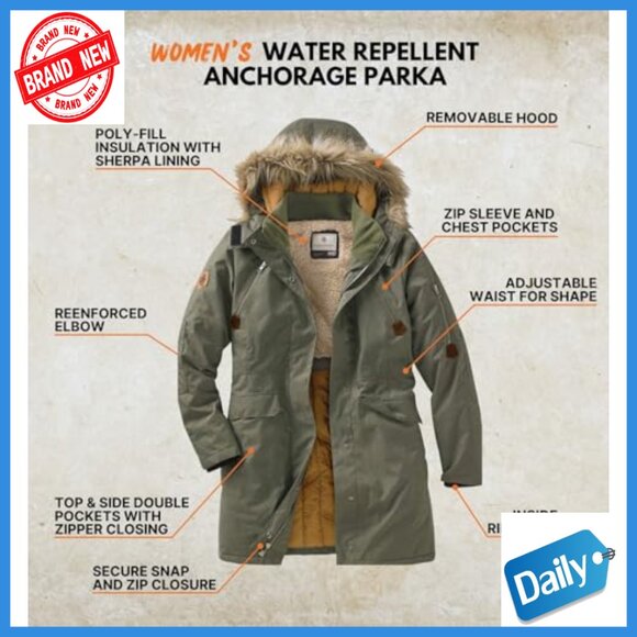 Women's Water Resistant Parka with Hood, Polyfill Insulated Winter Coat - Picture 4 of 7